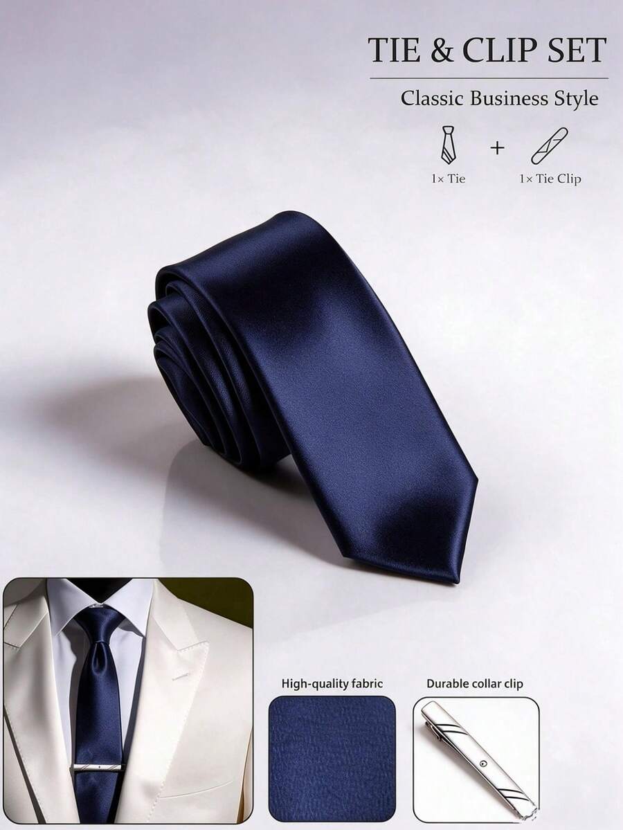 1 Set Men's 5cm Solid Color Satin Tie, Business High-End Fashion Versatile Necktie With Tie Clip Accessory, Suitable For Business Work, Wedding Party, Gathering, Evening Event, Speech Competition - Navy Blue - View 1