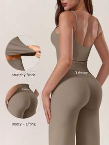 TimeOff Women's One Set Solid Color Spaghetti Strap Removable Padded Tank Top Straight Leg Draped Pants Sports Set - Coffee Brown - View 12