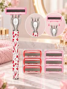 1pc Floral Handle + 24pcs Replaceable Blades Women's Manual Razor, Floral Print Non-Slip Razor, 6-Layer Blades, Painless Hair Removal For Legs, Underarms, Bikini, Body, Travel Beauty Tool, Manual Body Razor, Women's Razor, Bikini Trimmer - Multiple Styles - View 6