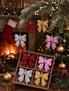 4Pcs Gift Box Set Christmas Bow Hanging Ornaments, Shiny Metallic Bowknot Pendant For Christmas Tree, Kids Holiday & Party Decor - Multicolor - View 5