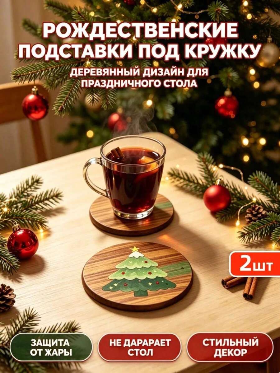 2pcs Christmas Tree Wooden Coaster Set, Hand-Painted Christmas Tree Pattern Round Wooden Drink Coasters, Heat-Resistant And Absorbent, Suitable For Coffee, Tea Cups, Holiday Table Decor, Perfect Christmas Home Gift For Kitchen, Dining Table Or Bar - Multicolor - View 1