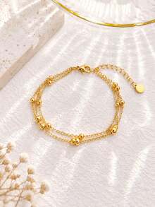 Double Layer Gold Beaded Bracelet, Dainty Stainless Steel Ball Chain Bracelet, Minimalist Stackable Wrist Jewelry For Women Daily Wear - Multicolor - View 6