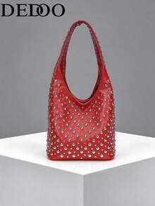 Dedoo Burgundy V-Shaped Double-Sided Studded Bucket Bag,Punk Style Heavy-Duty Rivet Embellished Underarm Shoulder Bag,Suitable For Work Commute And Shopping - Burgundy - View 2