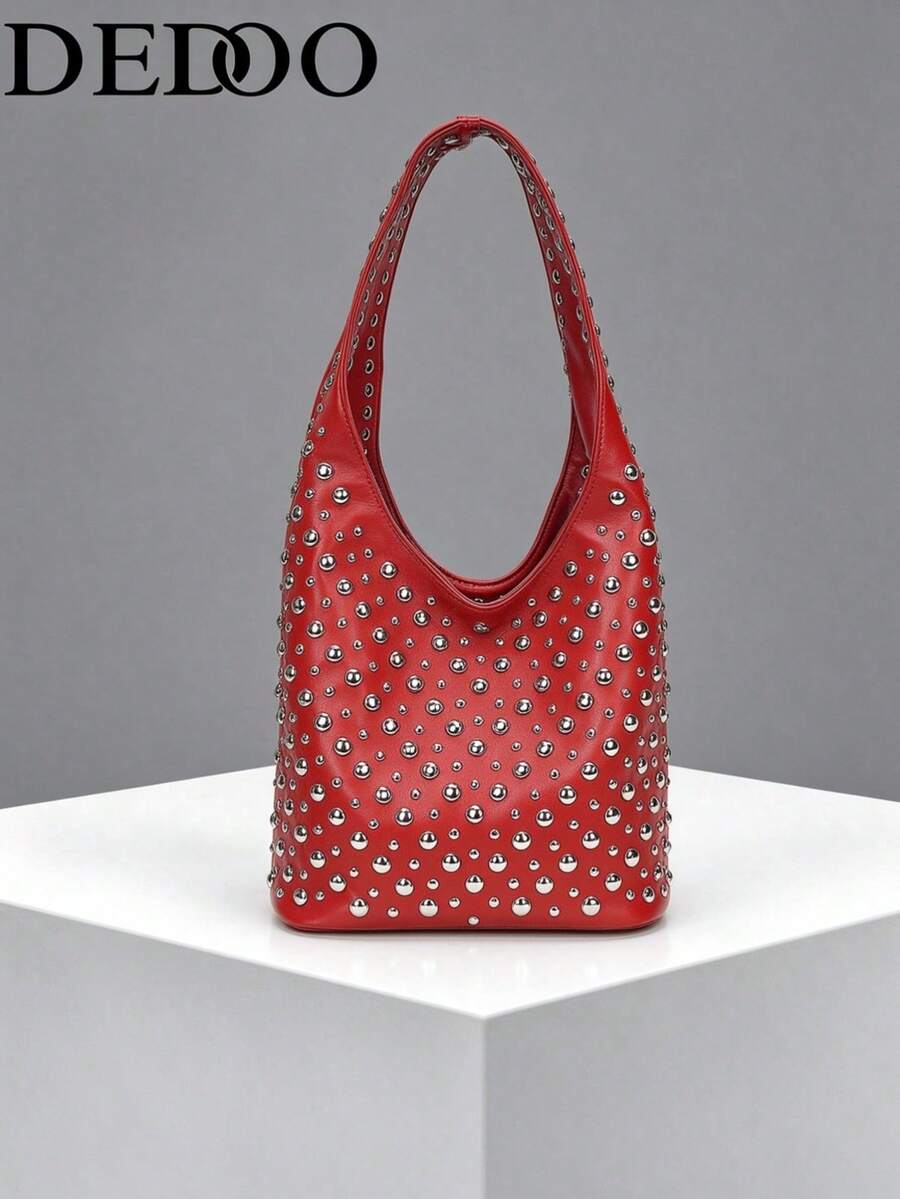 Dedoo Burgundy V-Shaped Double-Sided Studded Bucket Bag,Punk Style Heavy-Duty Rivet Embellished Underarm Shoulder Bag,Suitable For Work Commute And Shopping