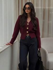Women's Casual Slim Fit Solid Color V-Neck Drop Shoulder Metal Button Hem Slit Long Sleeve Knit Cardigan Loose Outerwear, Spring/Summer/Autumn Fall - Burgundy - View 5