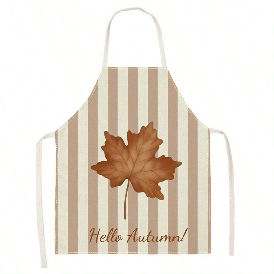 1pc Vintage Minimalist Autumn Leaf & Stripe Print Apron - Sleeveless Halter Design, Durable And Comfortable Fit, Featuring Vertical Stripes With Maple Leaf And "Hello Autumn" Lettering Pattern, Suitable For Cooking, Baking And Home Cleaning, Household Cleaning, Housework Apron, Handmade Gardening Apron, Fun Holiday Gift - Multicolor - View 1