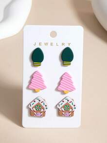3pcs Christmas Lights Pink Christmas Tree & House Print Minimalist Personalized Cute Elegant Earrings - Multicolor - View 3
