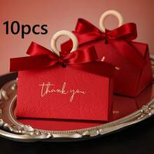20pcs Wedding Candy Boxes With Embossed Pattern, Premium Wedding Candy Boxes, Handheld Candy Bags Packaging Boxes With Ribbon And Plastic Ring - Red - View 4