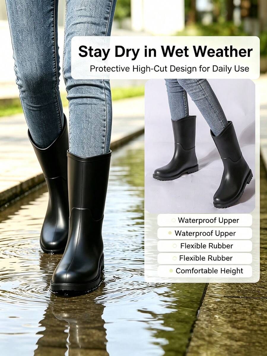 女款極簡啞光中筒雨靴,粗跟防滑防水涉水鞋,時尚通勤雨天穿搭橡膠靴,英倫風女款中筒雨靴,純色啞光防水水靴,戶外溪流穿越日常百搭防滑雨靴 - 黑色 - 查看 1