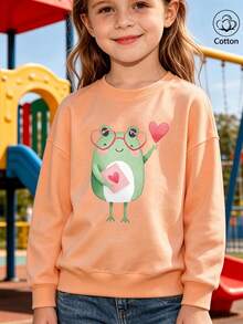 Cotton Girls' Crewneck Pullover Sweatshirt, Autumn Winter Loose Fit With Frog Print, Cute Sweet Girly Preppy Style - Hami Melon Orange - View 3