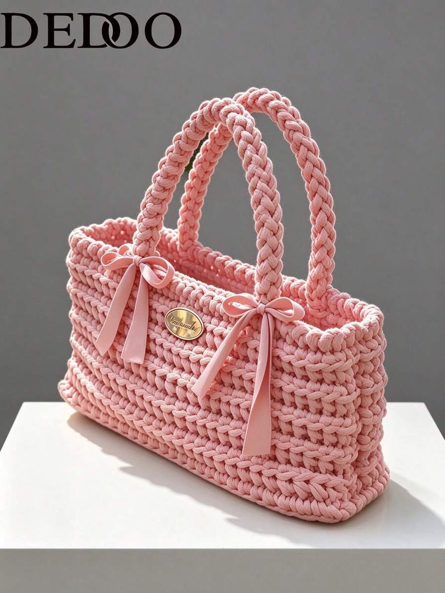 Dedoo Women's Crochet Tote Bag, Knit Soft Handbag, Bow Detail, Large Capacity Vintage Casual Bag For Work Travel Fall
