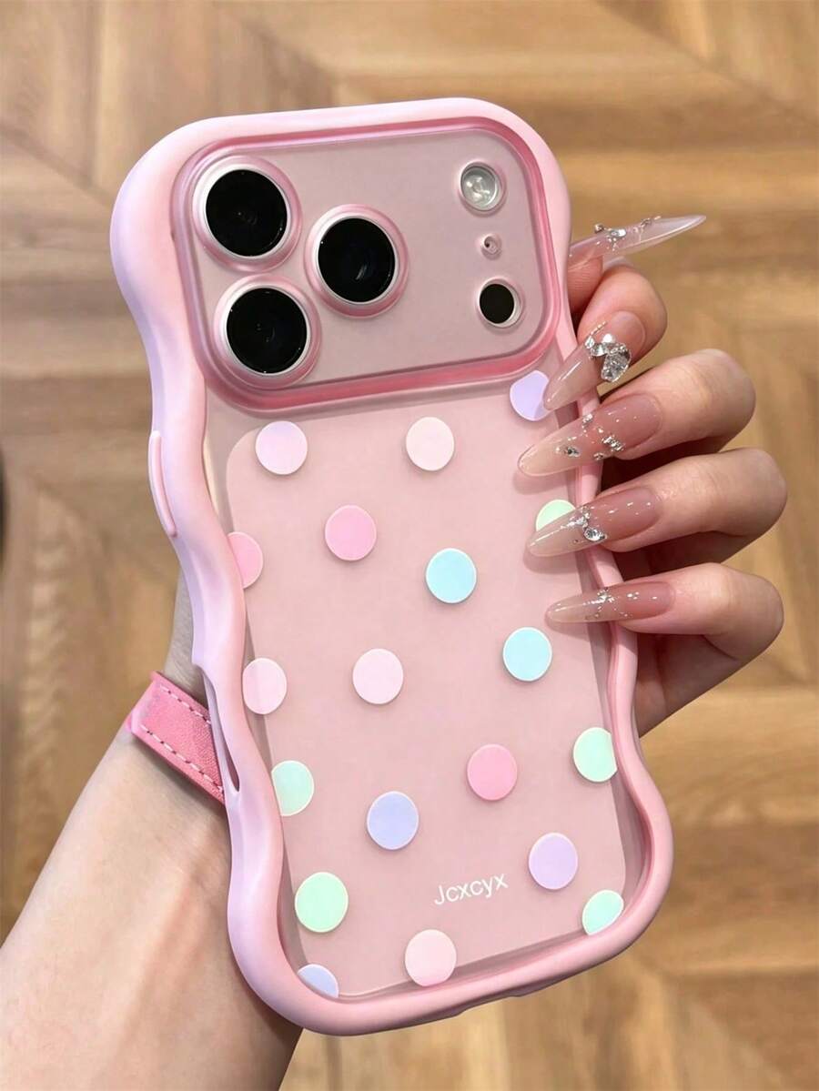 Y2K Cute Full Screen Colorful Polka Dot Translucent Frosted Soft Phone Case, Compatible With Iphone 18 Pro Max 17 Pro Max 17 Pro 17 16 Pro Max 16 Pro 16 15 Pro Max 15 Pro 14 Pro Max 14 Pro 13, Stylish Cute Camera Protection Wavy Edge Shockproof Soft Back Cover Gift - Pink - View 1