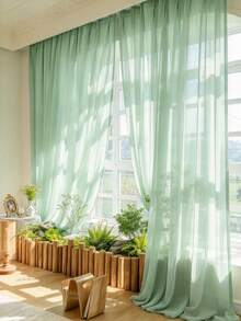 1pc Luxury 3D Textured Mint Green Sheer Curtain, Translucent Not See-Through, High Transparency Chiffon Drape For Living Room & Bedroom - Mint Green - View 2
