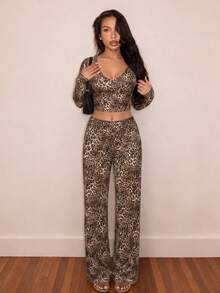 Autumn/Winter Personalized Leopard Print Button Long Sleeve Top And Slim Fit Waist Pants Set - Brown - View 4