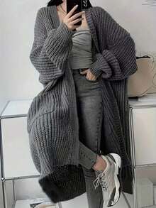 Plus Size Solid Color Casual Pocket Knit Cardigan Long Sweater - Grey - View 1