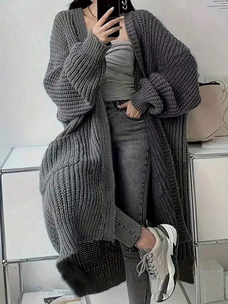 Plus Size Solid Color Casual Pocket Knit Cardigan Long Sweater - Grey - View 1