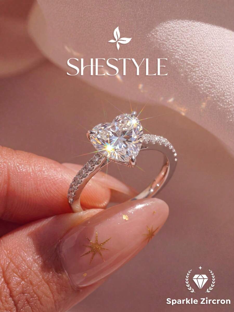 1pc 2-5 Carat Heart-Shaped Cubic Zirconia Ring, Elegant And Charming Material, Women's Ring, Suitable For Balls, Parties And Other Occasions, Exquisite Jewelry