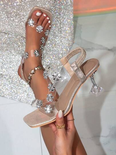 Women's Square Toe Transparent PU Rhinestone High Heel Sandals, Crystal Wine Glass Heel Elastic Back Strap Sandals, Fashionable Exquisite PVC Floral Rhinestone Decor High Heel Shoes, Elegant Celebrity Style Party Asymmetric Heel Sandals, French Elegant Crystal Heel Party Date Sandals, Summer Outdoor Open Toe High Heel Sandals, Elegant TPU Floral Elastic Strap Light Luxury European American Bohemian Casual Party Summer