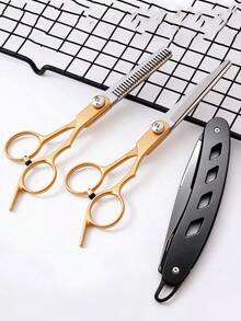 3pcs/Hair Clipper Set - Black & Gold Professional Hairdressing Scissors 3 Pieces Set, Straight Scissors + Thinning Scissors + Razor, Suitable For Home Haircutting And Salon Styling, Beginners Can Easily Create Exquisite Hairstyles, Manual Hair Trimming, Eyebrow Shaping And Face Shaving, Foldable For Home Use - Multicolor - View 10