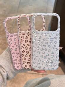 Y2K Shiny Cute Heart Leopard Print Phone Case, Compatible With IPhone 18 Pro Max 18 Pro 17 Pro Max 17 Pro 17 16 Pro Max 16 Pro 16 15 Pro Max 15 Pro 14 Pro Max 14 Pro 13 12 11, Glossy Sequin Shockproof Protective Back Cover, Suitable For Girls - Apricot - View 4