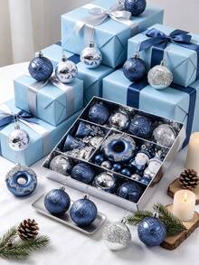 44pcs Blue & Silver Christmas Ball Ornament Set With String, Shatterproof Christmas Tree Hanging Decorations, Christmas Party Decor, Suitable For Holidays, Weddings, Christmas Tree Decoration And Parties, Christmas Gift, 5/4/3cm (1.9/1.5/1.1in) - Blue Silver - View 1