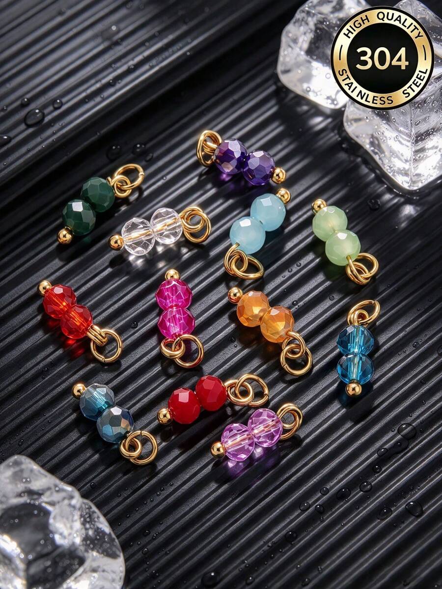 10-Piece Set Of Stainless Steel Colorful Round Bead Pendants With Open Rings-Necklace And Earring DIY Craft Jewelry Supplies - Round - View 1