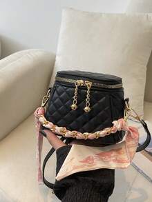 1件女款絎縫刺繡菱格紋PU拉鍊開合時尚手提斜跨包,適合四季日常使用 - A - 查看 9