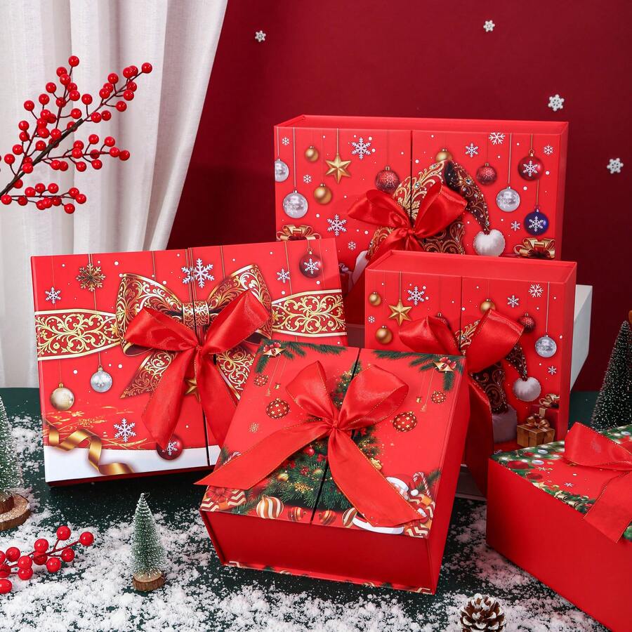 Flat-Style Double-Opening Folding Christmas Gift Box, Christmas Red Bow Top And Bottom Lid Gift Box, Christmas Eve Chocolate Packaging Empty Box, Holiday Gift-Giving Souvenir Box - Multicolor - View 1