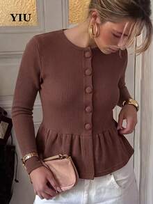 YIU LUMOS Women's Coffee Brown Waffle Knit Top, Round Button Long Sleeve Cinched Waist Ruffle Hem Slim Fit, Vintage Commuter Style Blouse - Coffee Brown - View 5