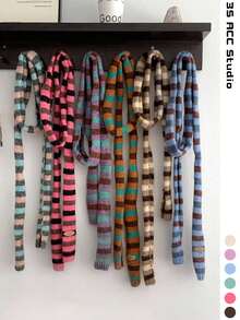 1pc Color Block Knit Narrow Scarf, Fashion Design Decorative Neck Warmer, Suitable For Autumn/Winter, Couples, Y2K Striped Color Block Long Scarf For Women, Warm And Versatile Accessory - Slim - View 12