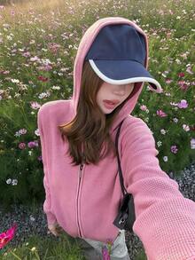 Women's Casual Chic Solid Color Waffle Hooded Zip Up Knit Cardigan, Long Sleeve Loose Fit Jacket, Suitable For Travel, Back To School, Daily Wear - Hot Pink - View 1
