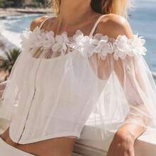 1pc 3D Floral Mesh Shawl, Elegant Solid Color Breathable Cape, Casual Decorative Wrap, Suitable For Party, Ball, Wedding, Bridal, Bohemian Style - White - View 2