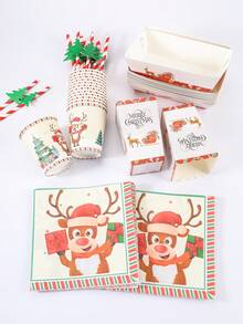 10/24pcs Christmas Reindeer & Santa Hat Print Disposable Paper Tableware Set, Includes Paper Cups, Napkins, Popcorn Boxes, Food Boxes And Straws, Suitable For Christmas Dinner, Family Gathering, Dessert Table Decor And Winter Party - Multicolor - View 6