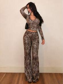 Autumn/Winter Personalized Leopard Print Button Long Sleeve Top And Slim Fit Waist Pants Set - Brown - View 1