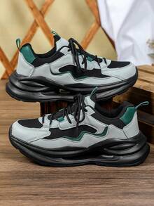 Men's Athletic Shoes Lace-Up "Chunky Sneakers, Perfect For Hiking, Running, Working Out, Commuting, Formal Events, And Casual Fashion - Black and Grey With Black Background - View 2