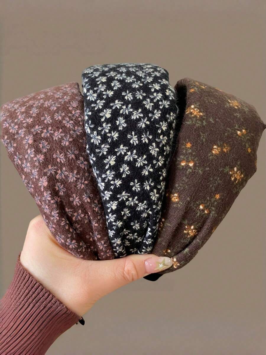 1/3PCS Vintage Wool Ditsy Floral Wide Headband, Elegant Versatile Fashion Hair Accessory For Women - Multicolor - View 1