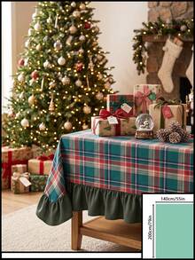 1pc Red & Green Plaid Pattern Tablecloth, Classic Traditional Style, Fabric Material, Rectangular With Ruffled Edge, Decorative & Protective For Home Long Table, Suitable For Christmas Holiday Celebration & Dining Scenes - Green - View 16