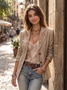 Women's Autumn/Winter Elegant Fashion Floral Embroidered Solid Color Lapel Jacket With Pockets, Casual Commute Blazer - Light Khaki - View 2