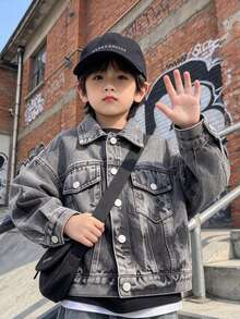 Boys' Toddler Loose Fit Colorblock Retro Denim Jacket, Autumn/Spring/All Season, Suitable For Daily Wear, Back To School, Outdoor - Grey - View 4