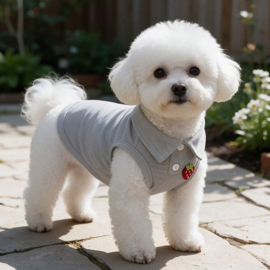 1pc Cute Strawberry Embroidery Pet Sleeveless Polo Shirt, Soft Breathable Dog Vest, Summer Puppy Clothes For Small Dogs Bichon Teddy - Grey - View 1