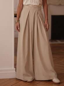 Plus Size Women's Solid Color Pleated Casual Versatile Daily Wear Wide Leg Pants - Apricot - View 7