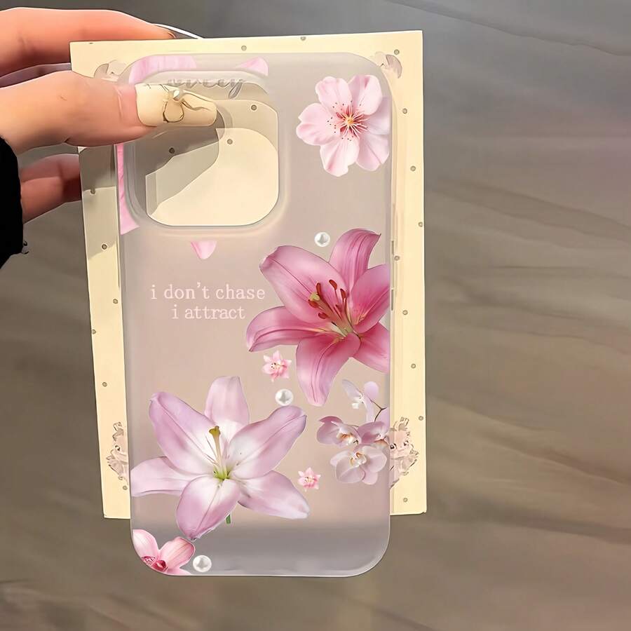 1件半透明磨砂個性化英文珍珠粉花卉圖案手機殼，適用於 iPhone 16 Pro Max/18/17/16/15/14 Plus/13/12/11 保護殼 Air