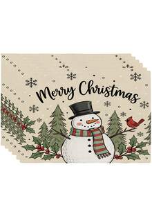 4Pcs Snowman Red Cardinal Snowflake Placemats Vintage Farmhouse Christmas Placemats Easy Clean Washable Christmas Decorative Placemats Suitable For Kitchen Home Indoor Outdoor Tabletop Coffee Bar Dining Table Tea Party - White - View 12