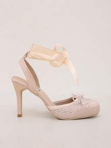 Pink Rhinestone Square Toe Stiletto High Heel Sandals For Women, Satin Bowknot Strap Closed Toe Open Back Party Dress Shoes - Pink - View 6