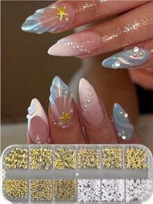 FULL BEAUTY 12-Grid Shell & Starfish Gold Metal Nail Art Decor Beads Pearl Nail Accessories Rivets Handmade Summer Ocean Vacation DIY Nail Supplies - Multicolor - View 9