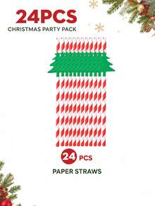 10/24pcs Christmas Reindeer & Santa Hat Print Disposable Paper Tableware Set, Includes Paper Cups, Napkins, Popcorn Boxes, Food Boxes And Straws, Suitable For Christmas Dinner, Family Gathering, Dessert Table Decor And Winter Party - Multicolor - View 13