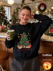 Christmas Autumn/Winter Women's Thermal Lined Crew Neck Sweatshirt, Christmas Tree, Gift Box, Star Pattern And "Merry Christmas" Print, Holiday Gift - Black - View 7