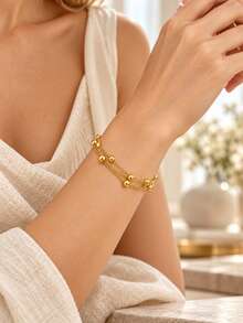 Double Layer Gold Beaded Bracelet, Dainty Stainless Steel Ball Chain Bracelet, Minimalist Stackable Wrist Jewelry For Women Daily Wear - Multicolor - View 5