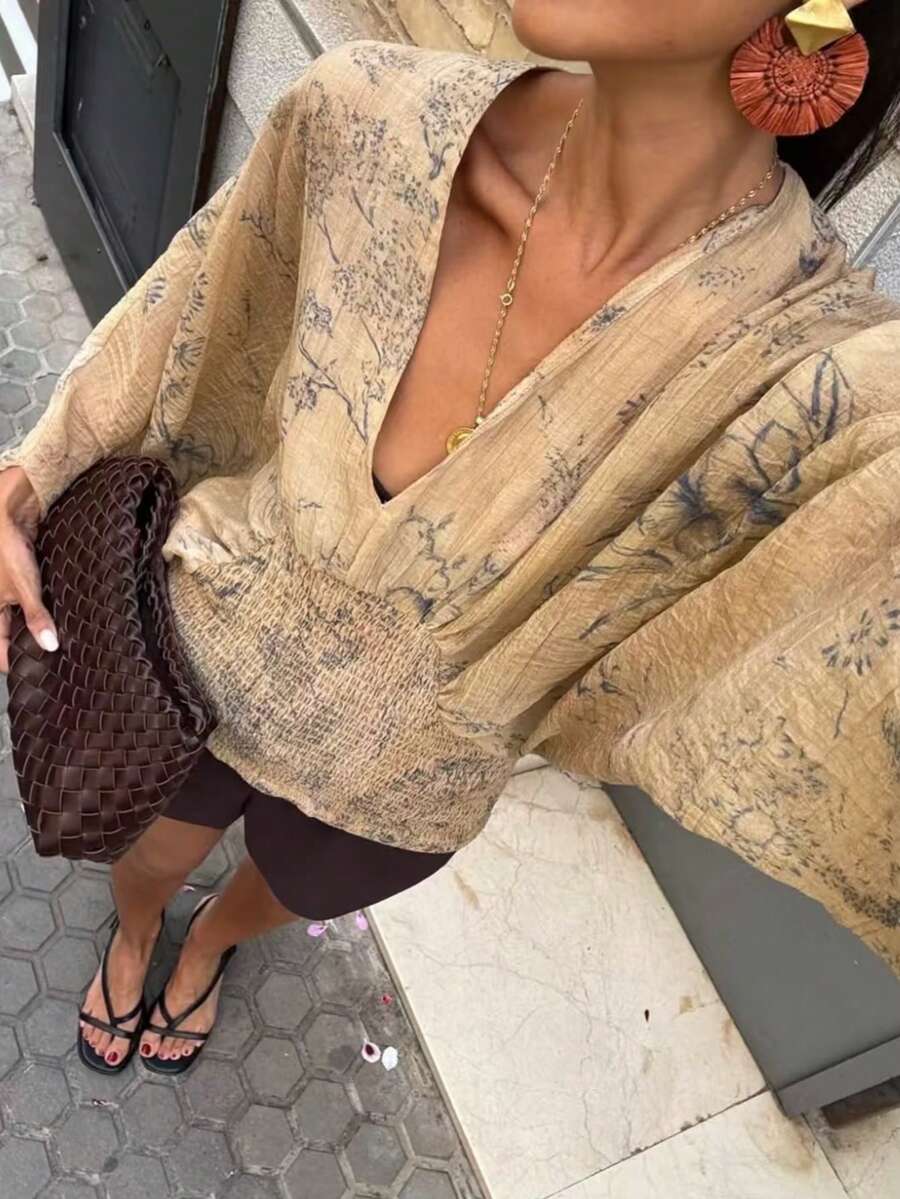 FGGG 女款夏秋休閒寬鬆摩卡棕優雅派對上衣 六月節慶款 - 摩卡棕 - 查看 1