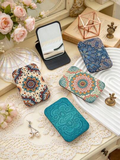1PC Art Decor Series Portable Vanity Mirror, Foldable Lightweight Ultra-Thin Convenient Hand Mirror, PU Leather, Suitable For Multiple Scenarios And All People, Mini Table Mirror, Pocket Mirror, Vintage Geometric Floral Pattern Design, Exquisite And Delicate, Easy To Carry, Handheld Makeup Mirror, 180° Flip Cover Multifunctional Mini Mirror